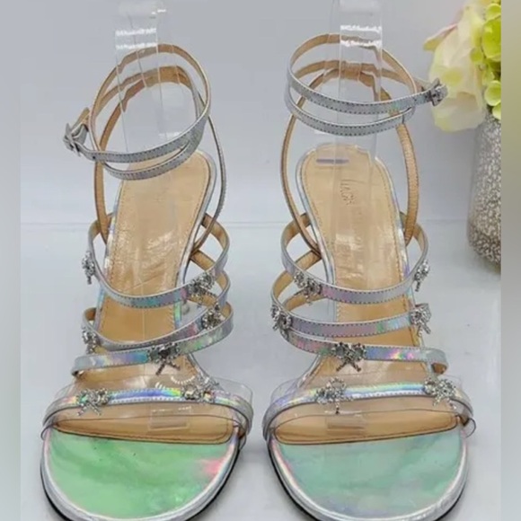 MACH & MACH Camille Silver Strap Heels with Diamanté Bows NWOT - Picture 12 of 13